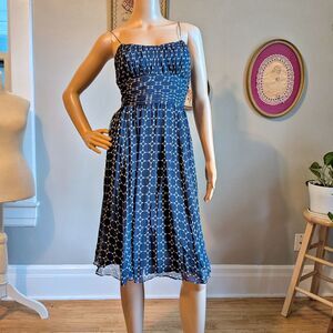 Vintage Y2K Anne Klein Silk Midi Dress Milkmaid Polka Dot Navy Blue Size 4